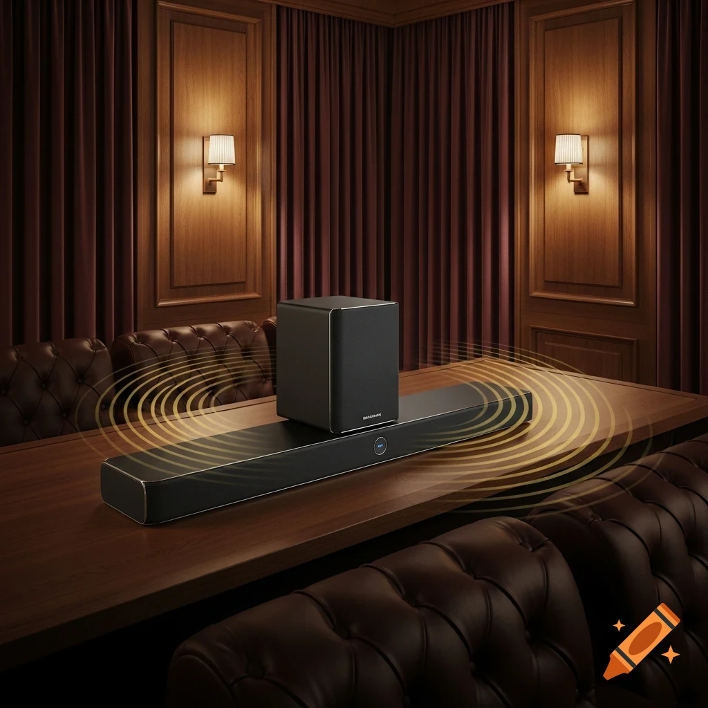 A black soundbar and subwoofer on a long wooden table in a luxurious room with brown leather chairs and draped curtains, with glowing sound waves emanating from the soundbar.
