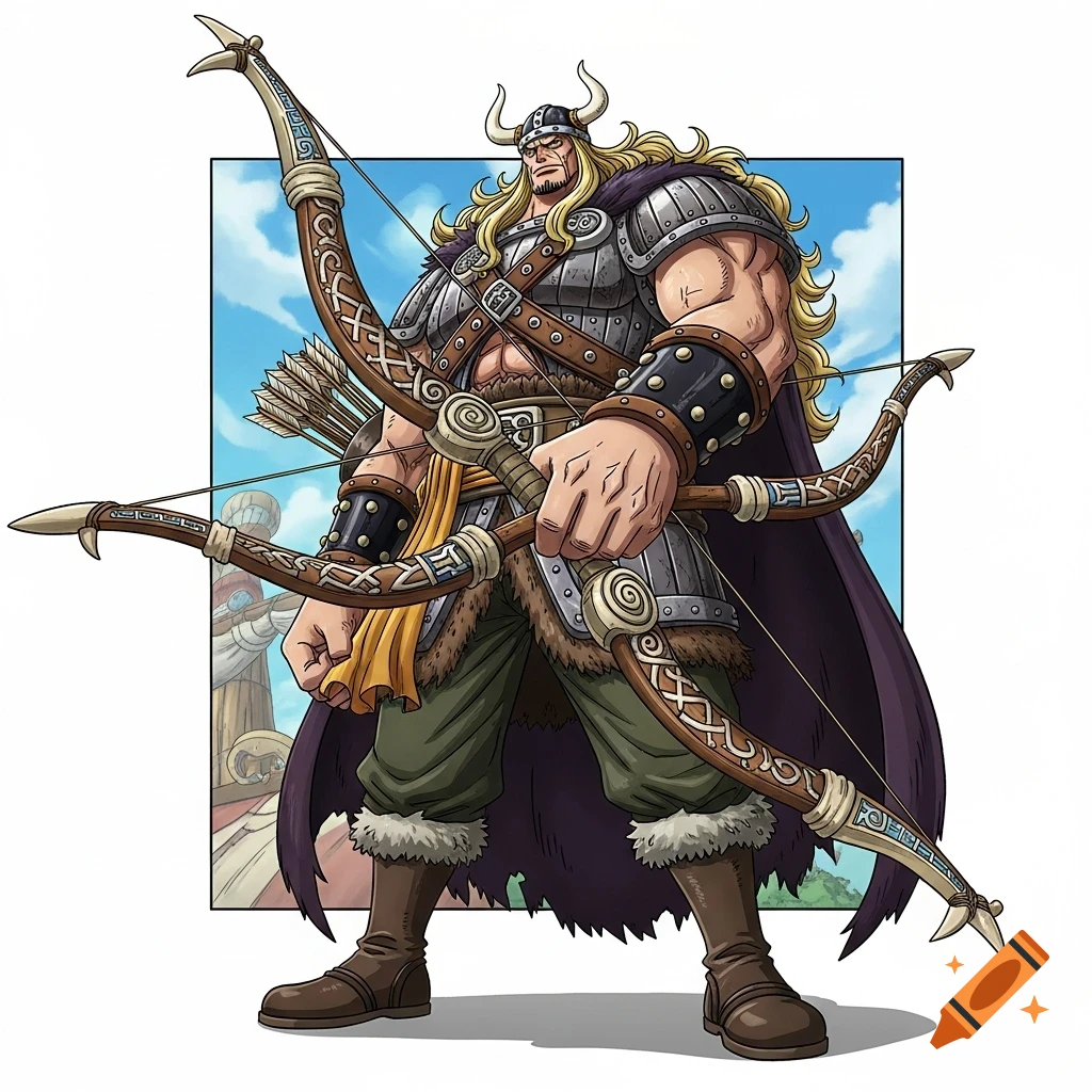 Anime Viking warrior in armor and horned helmet, muscular, blonde hair, holding a large ornate bow.