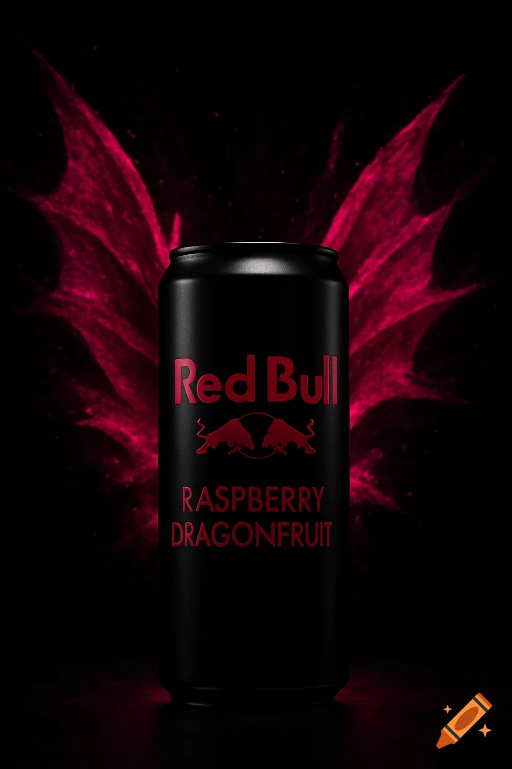 A black Red Bull can with magenta 'Red Bull RASPBERRY DRAGONFRUIT' text, set against a dark background with a magenta wing-like explosion.