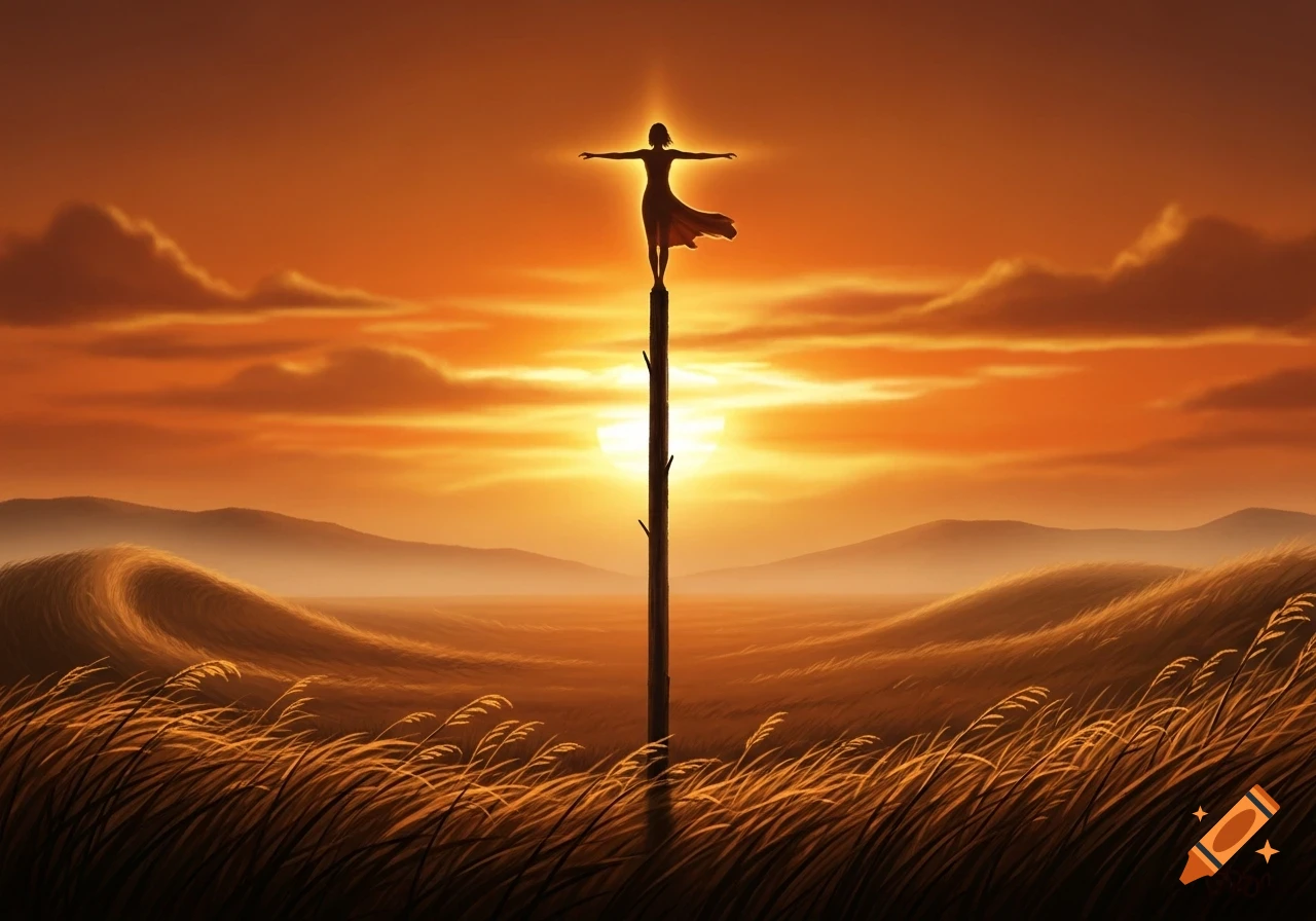 Silhouette of a person with outstretched arms on a pole, against a vibrant orange sunset over a wavy golden field and mountains.