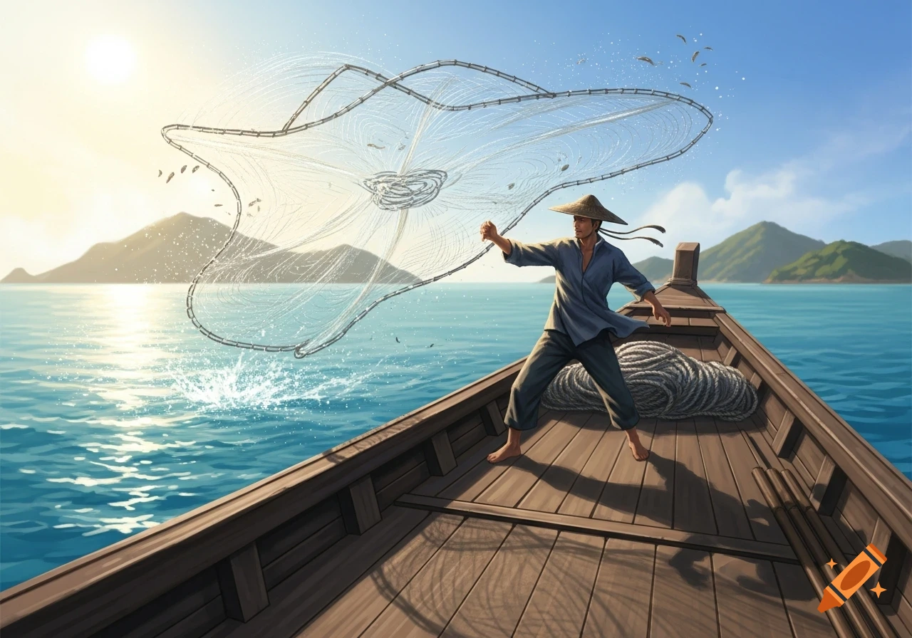 A fisherman in a boat casts a large net into the clear blue ocean with distant mountains under a sunny sky.