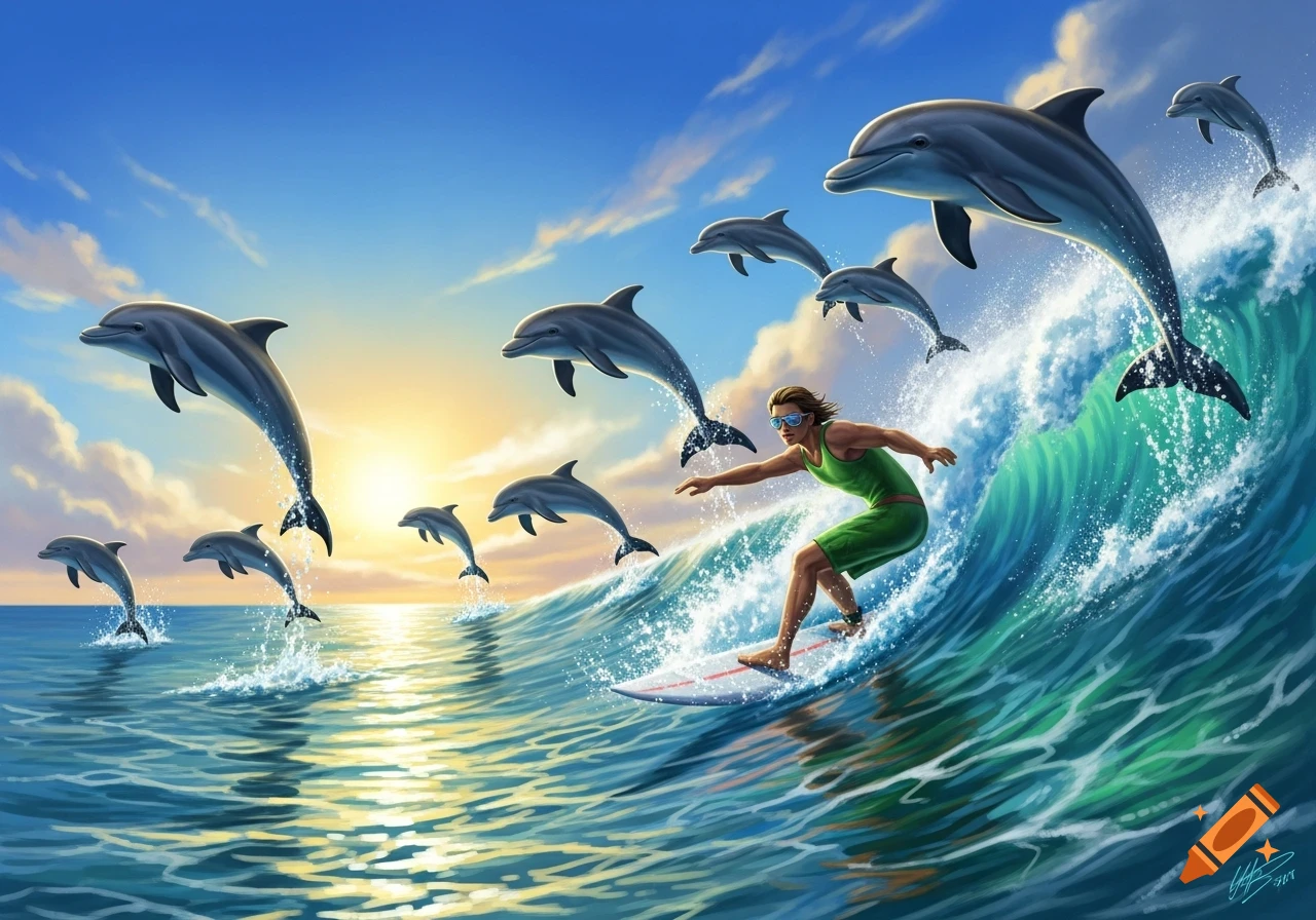 A surfer rides a large wave with many dolphins leaping out of the ocean around him, against a sunset sky.