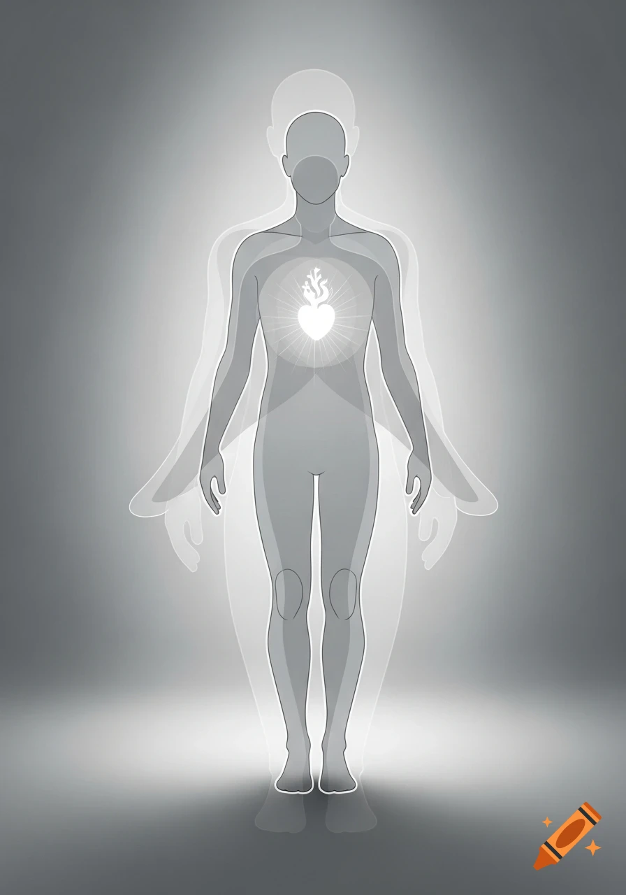 Grayscale illustration of a human figure showing body, soul, and spirit layers, with a bright, flaming heart.