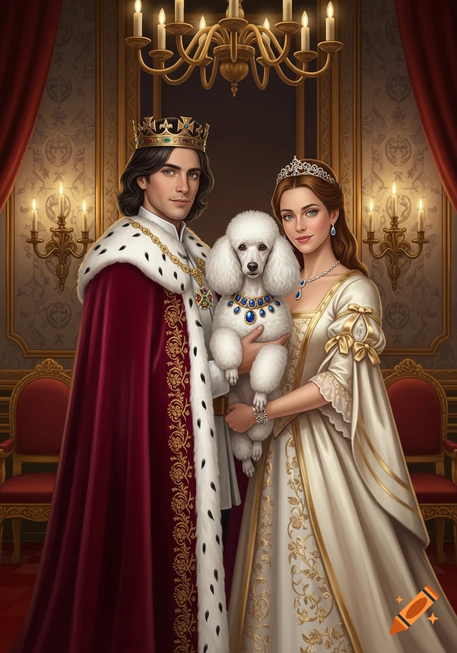 A grand royal portrait of a king and queen in regal attire holding a white poodle in a luxurious palace setting.