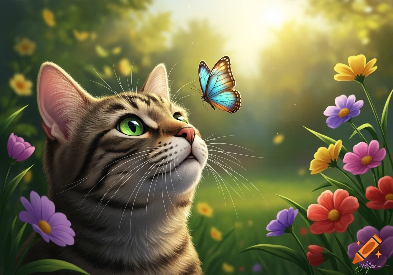 A digital painting of a tabby cat with green eyes looking up at a blue butterfly in a sunny field of colorful flowers.