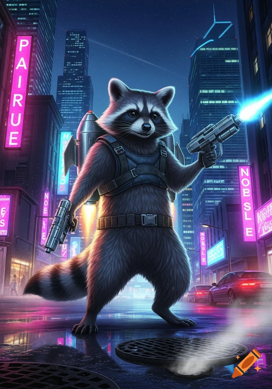 A bipedal raccoon with a jetpack and two guns stands on a wet street in a vibrant, neon-lit cyberpunk city at night.