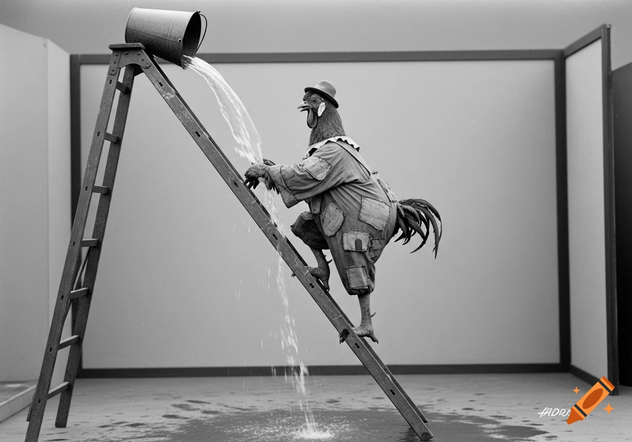 A black and white image of a chicken in a hat and patched costume, precariously balancing on a ladder as water pours from a bucket above.