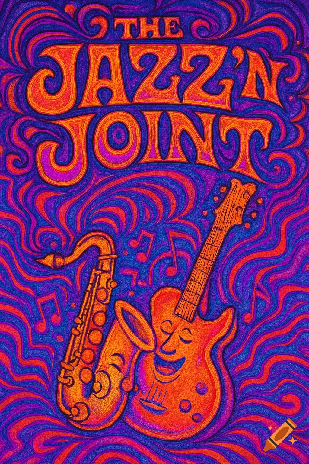 Psychedelic poster in orange, purple, and blue swirls for 'The Jazz'n Joint' with a grinning saxophone and guitar playing music.