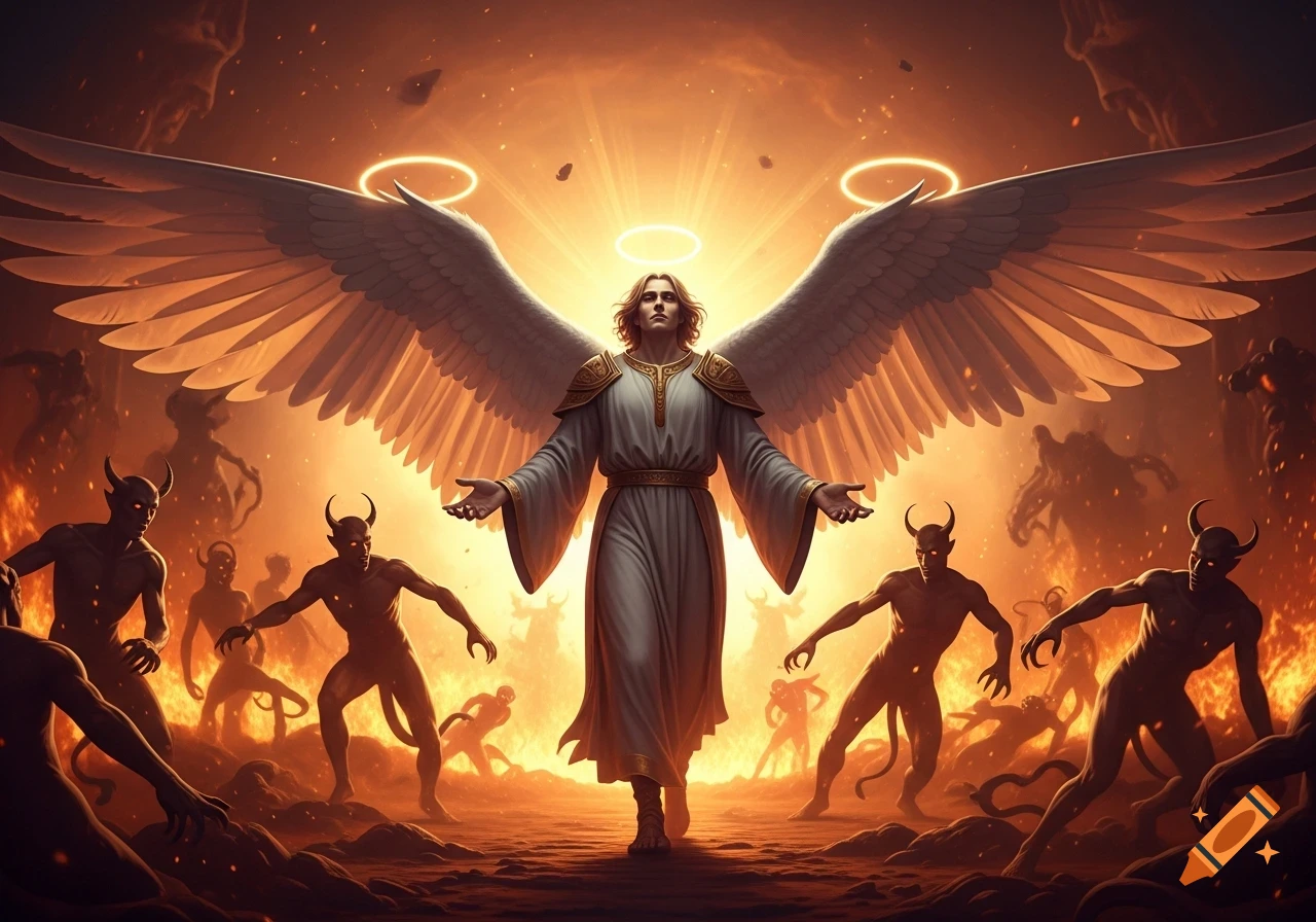 A dramatic, cinematic image of an archangel with large wings and a halo, walking through a fiery landscape, surrounded by numerous demons.