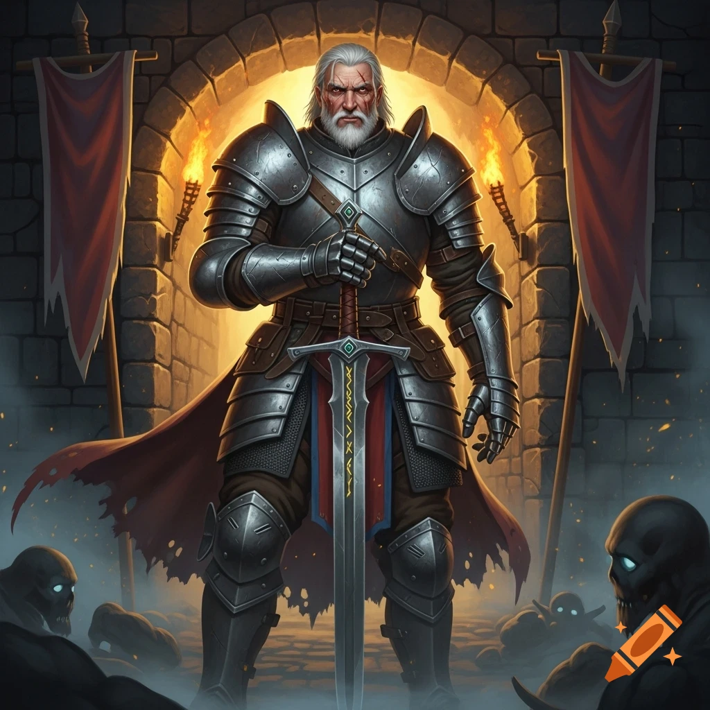 A veteran human knight in detailed plate armor stands with a sword in a dungeon archway, victorious over skeletal creatures, in a fantasy art style.
