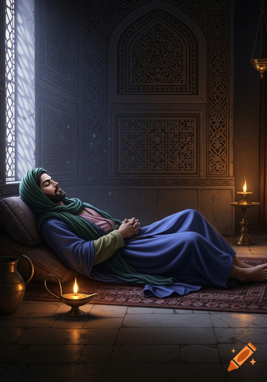 A man in green and blue robes rests on a pillow in a dimly lit, ornate room with arched windows, patterned walls, and oil lamps.