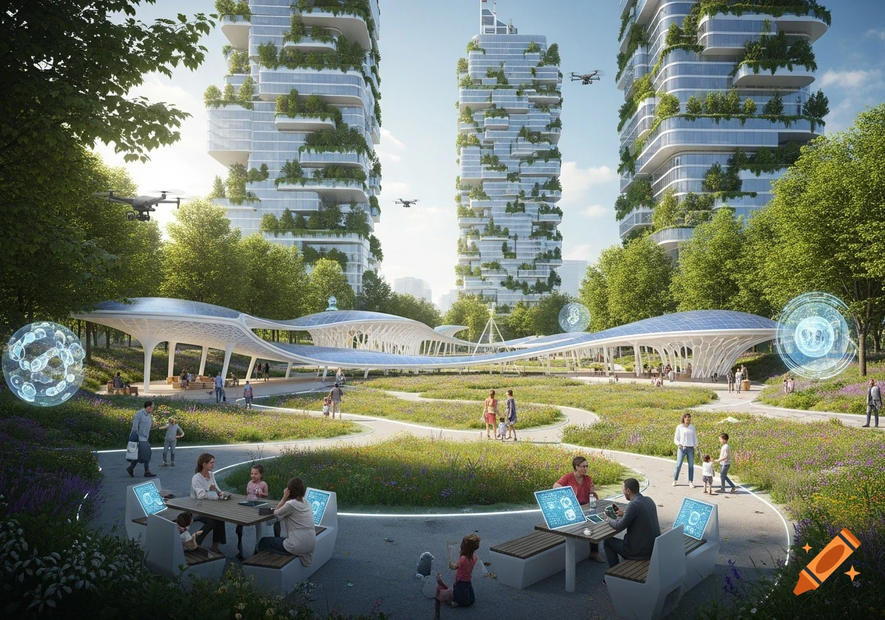 A photorealistic image of a futuristic green city park with lush foliage on high-rise buildings, people relaxing at tech-enabled tables, and drones flying overhead.