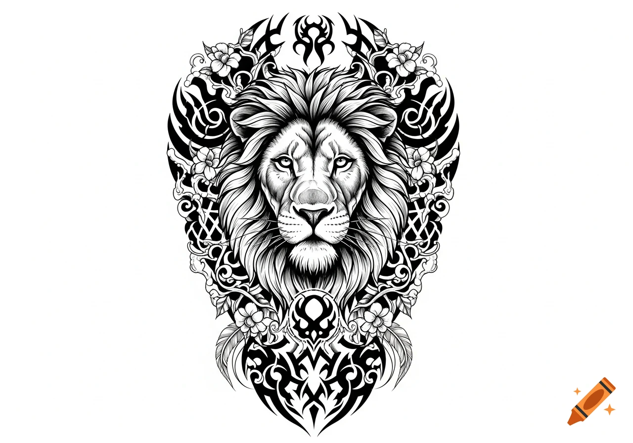 Detailed black and white tattoo design of a lion's head, surrounded by tribal patterns and flowers.