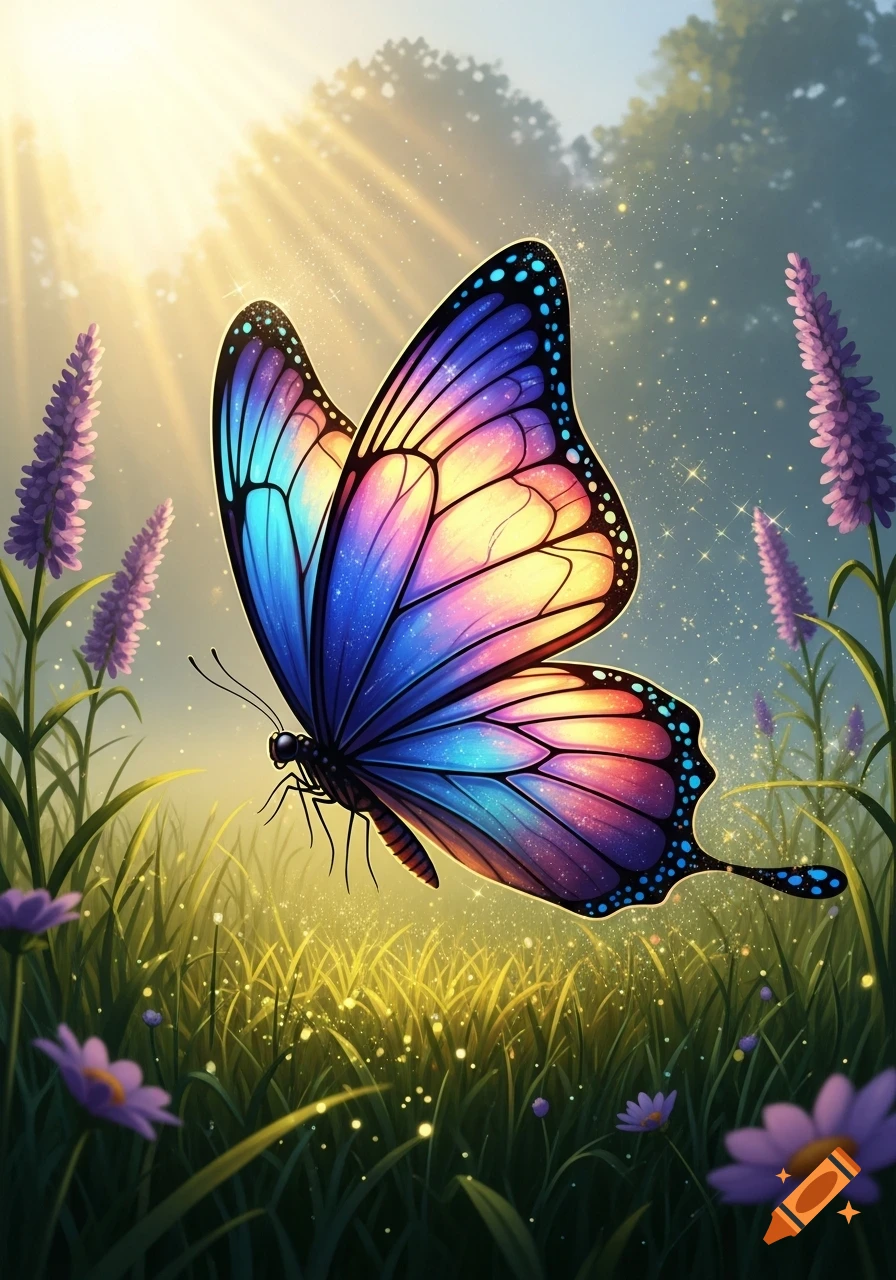 A vibrant, multi-colored butterfly with sparkling wings hovers over a sunlit field with lavender flowers, bathed in golden light.