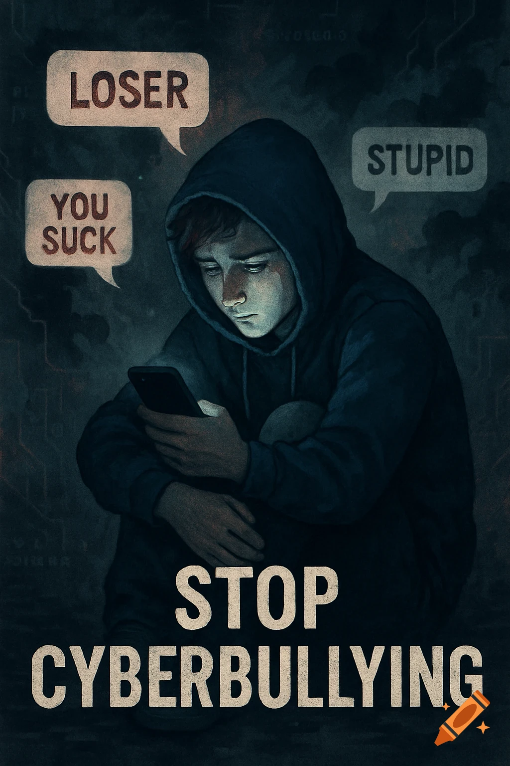 An illustration of a sad, hooded youth looking down at a phone, with speech bubbles showing negative words like 'LOSER' and 'YOU SUCK', and the text 'STOP CYBERBULLYING' at the bottom.