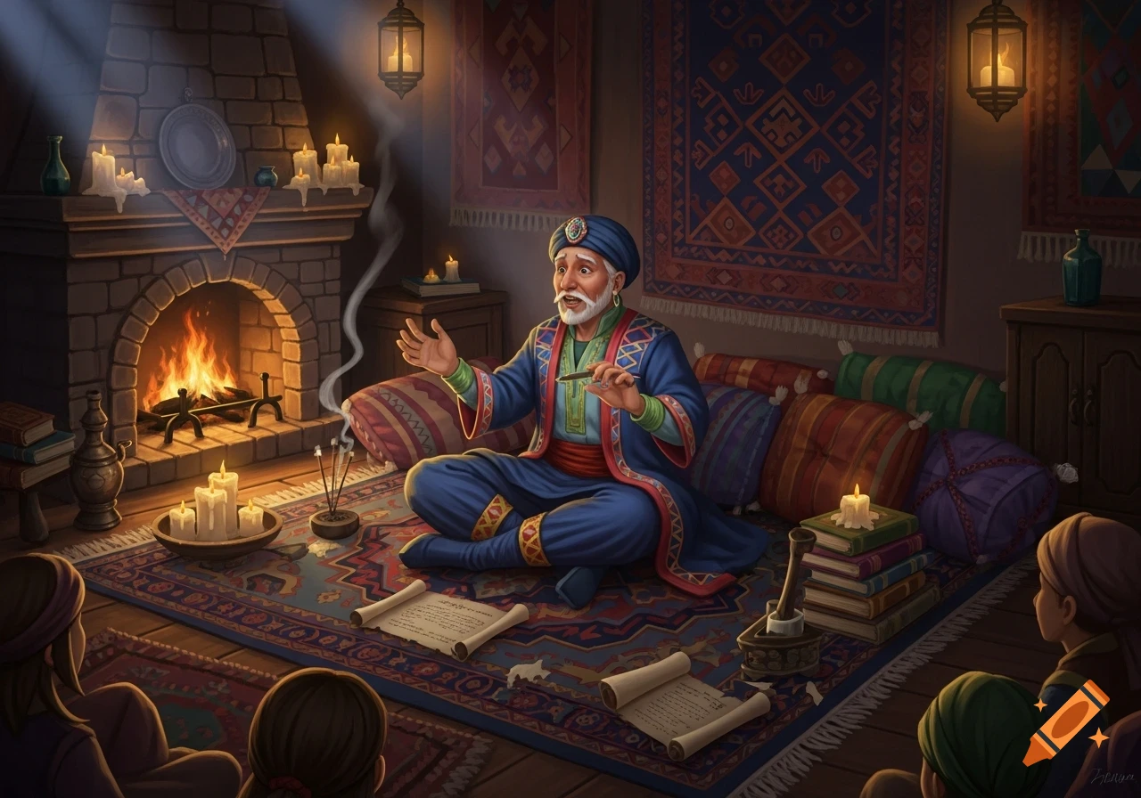An old man in traditional attire tells stories to children by a warm fireplace in a richly decorated, dimly lit room.