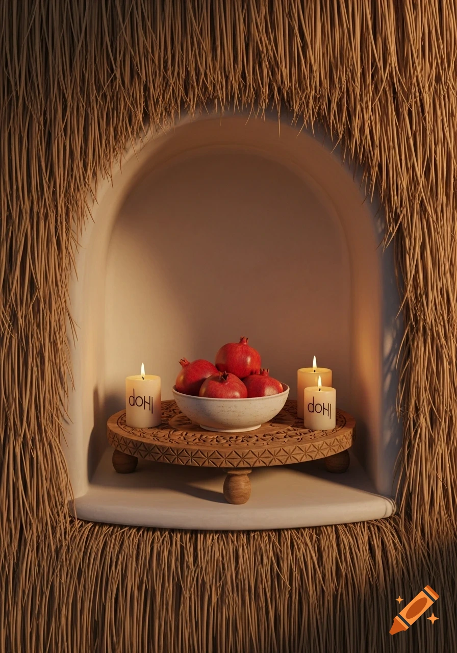 A bowl of red pomegranates and lit 'dOHl' candles on a carved wooden stand in a niche with straw texture.