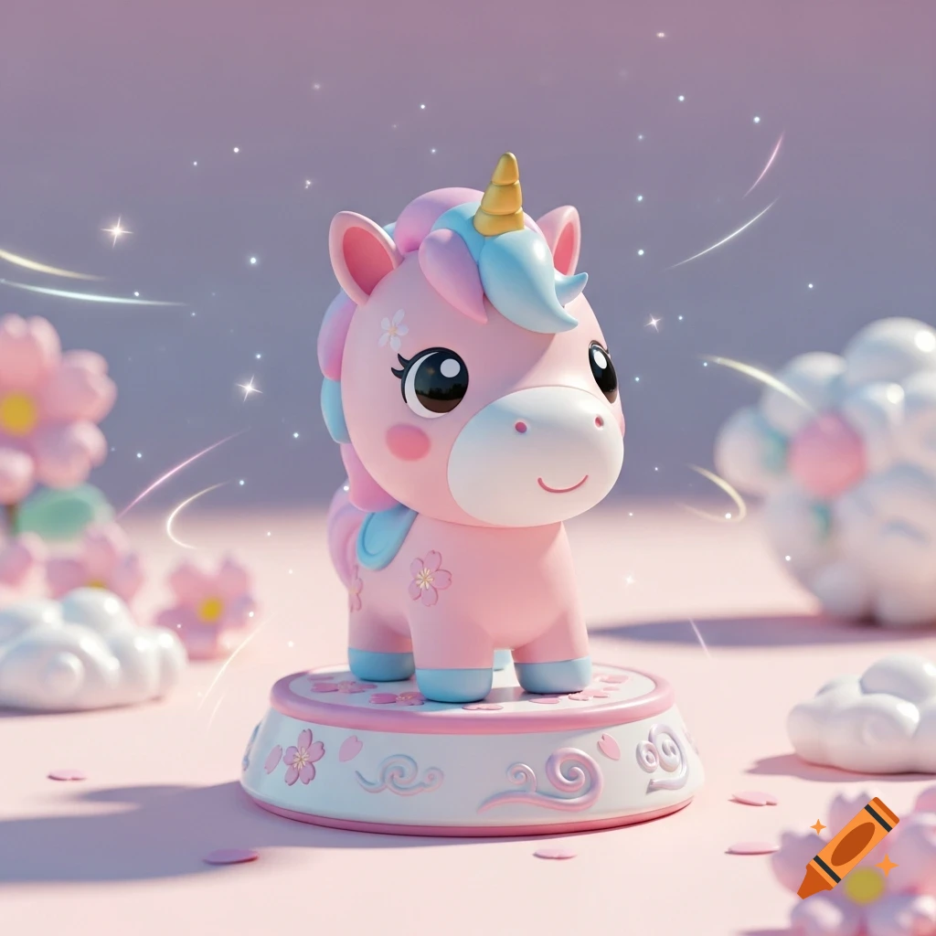 A cute pink unicorn figurine with blue and pink mane and a golden horn, standing on a decorated base with cherry blossoms in a pastel setting.