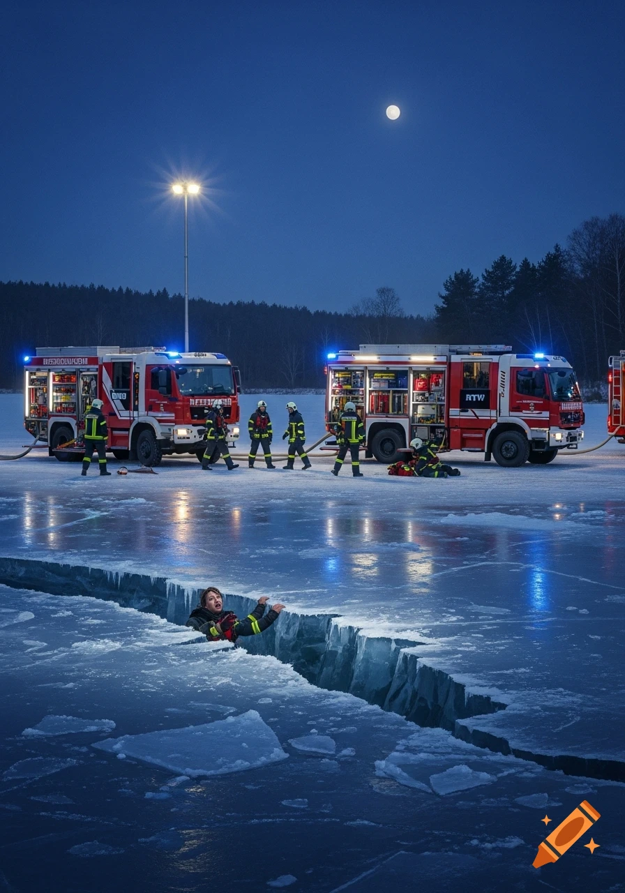 Firefighters at night rescue a person who fell through cracked ice on a frozen lake, with two fire trucks visible in the background.