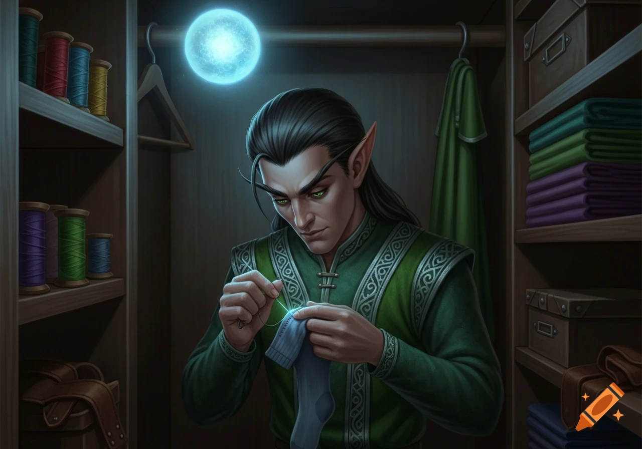 An elf with dark hair and green eyes, wearing a green tunic, sews a sock while hiding in a closet lit by a glowing orb.