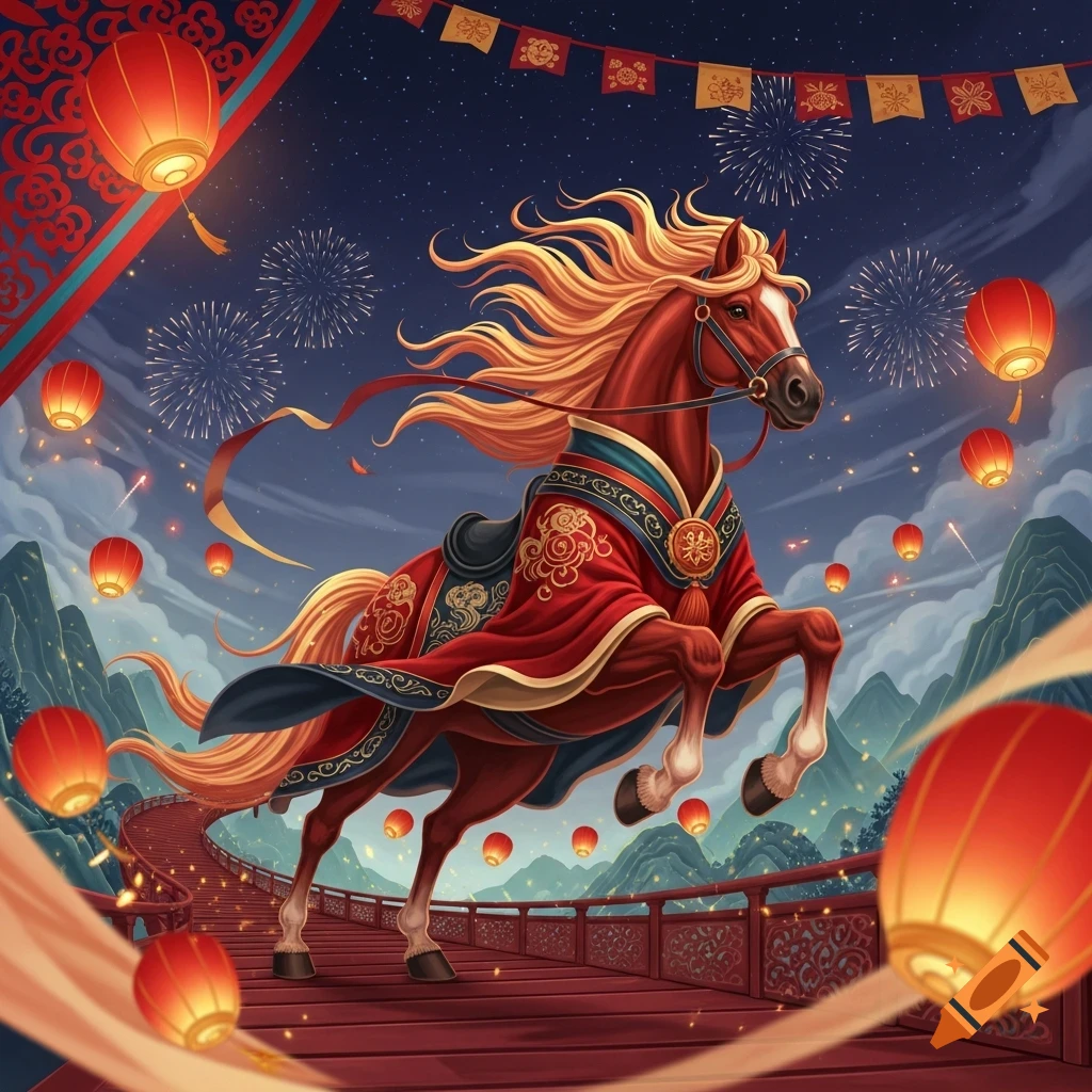 Majestic horse in red and gold traditional Chinese attire rears on a lantern-lit bridge under a fireworks night sky, celebrating Chinese New Year.