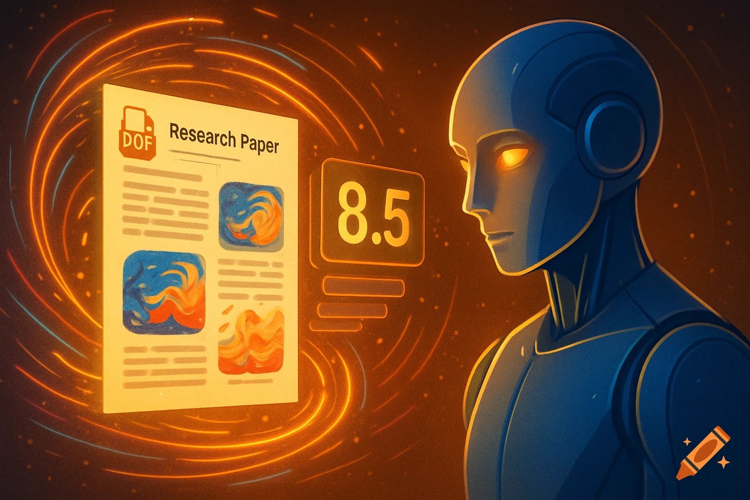 A blue robot with glowing eyes looks at a glowing digital research paper and a score of 8.5, surrounded by orange light trails.