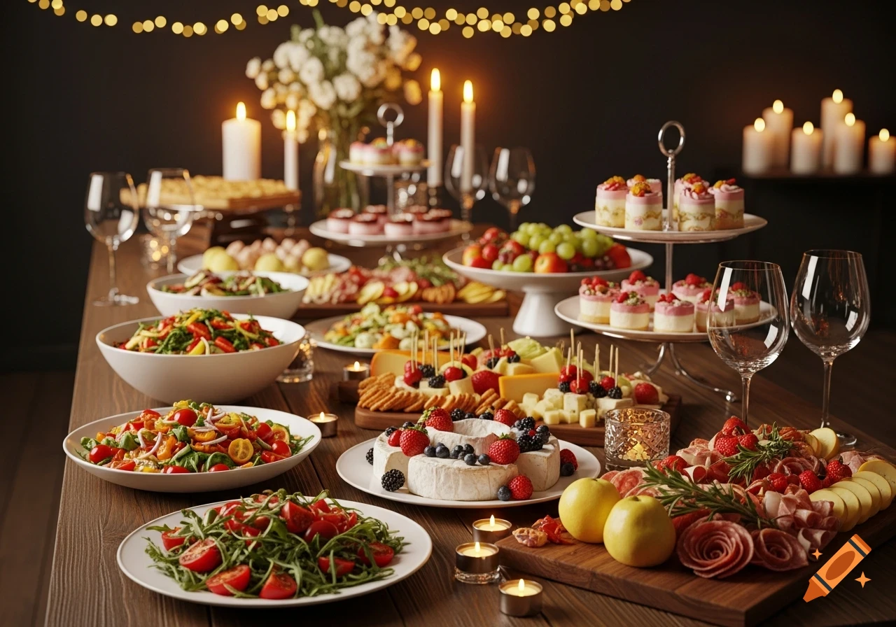 A lavish catering spread on a long wooden table, featuring salads, cheese boards, desserts, fruit, and charcuterie, illuminated by candles and string lights.