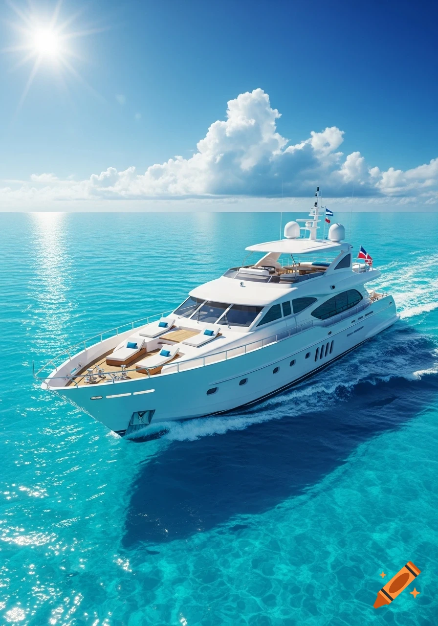 A luxurious white yacht cruises on crystal clear turquoise waters under a bright sun and blue sky with fluffy clouds.
