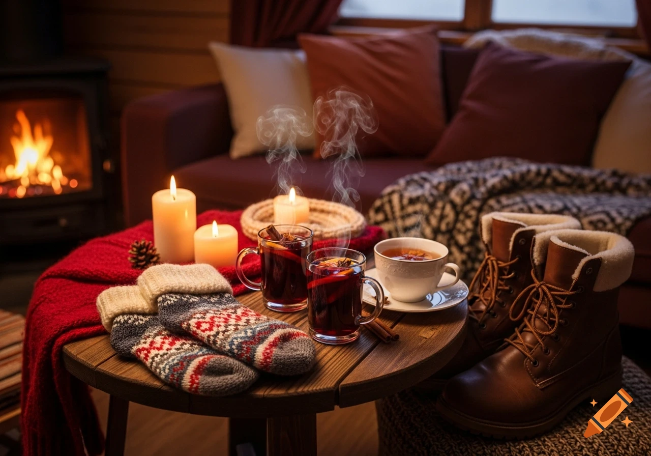 Cozy winter scene with mulled wine, tea, candles, knitted socks, and brown boots on a table, with a fireplace in the background.