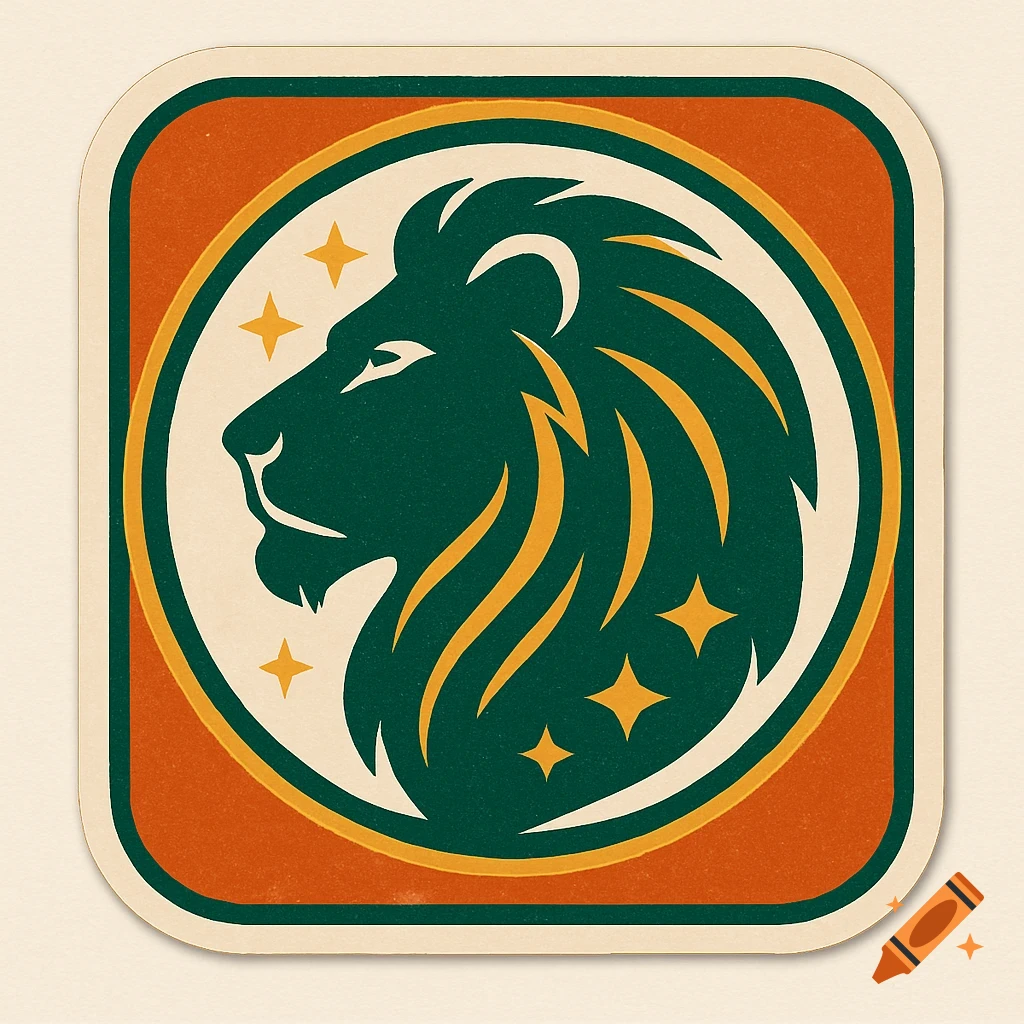 A retro vector style logo of a green lion's head in profile, with a golden mane, inside an orange and white circle with stars.