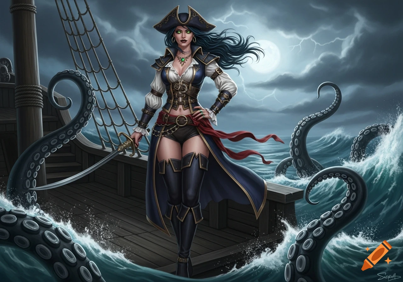 A dark-haired female pirate with glowing green eyes and a cutlass stands on a ship deck amidst a stormy sea with kraken tentacles, under a full moon.
