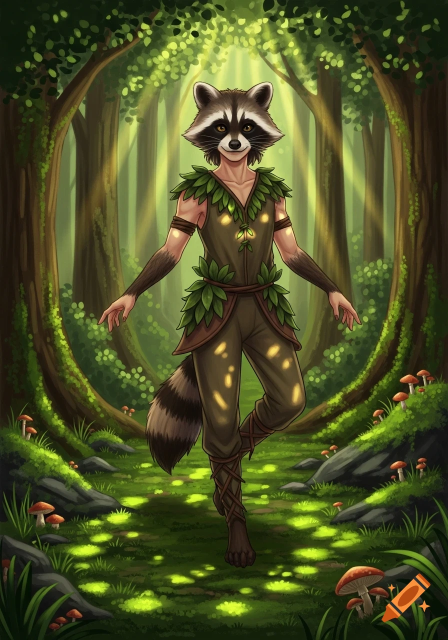Whimsical illustration of an anthropomorphic raccoon person in a leaf outfit, standing on one foot in a mystical, sunlit forest.