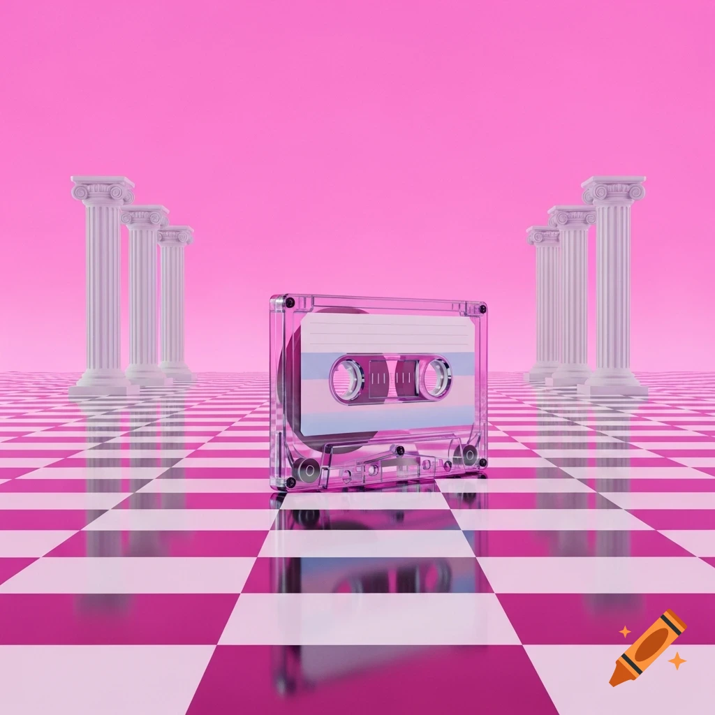 A pink transparent cassette tape on a pink and white checkerboard floor with white pillars, in a retro vaporwave style.