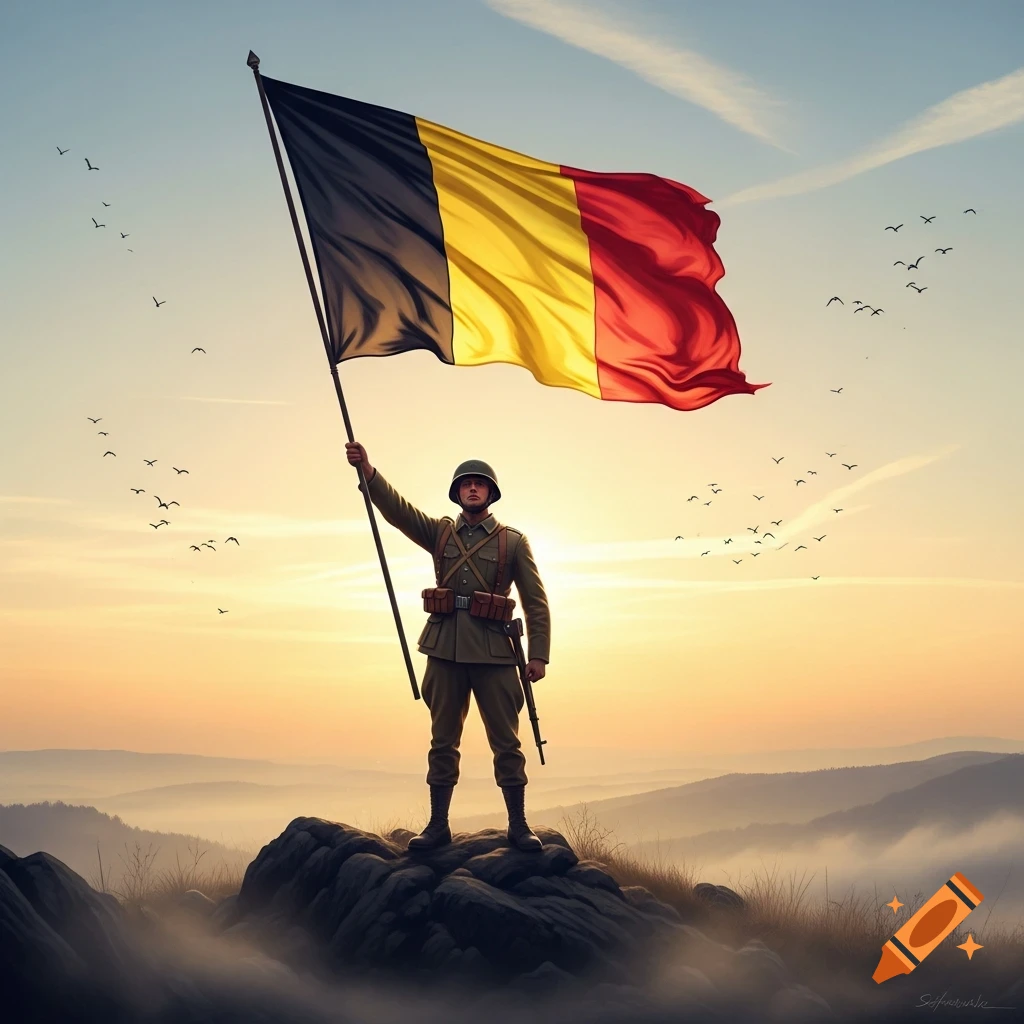 A soldier holds the Belgian flag atop a mountain at sunset, with birds flying in the sky.