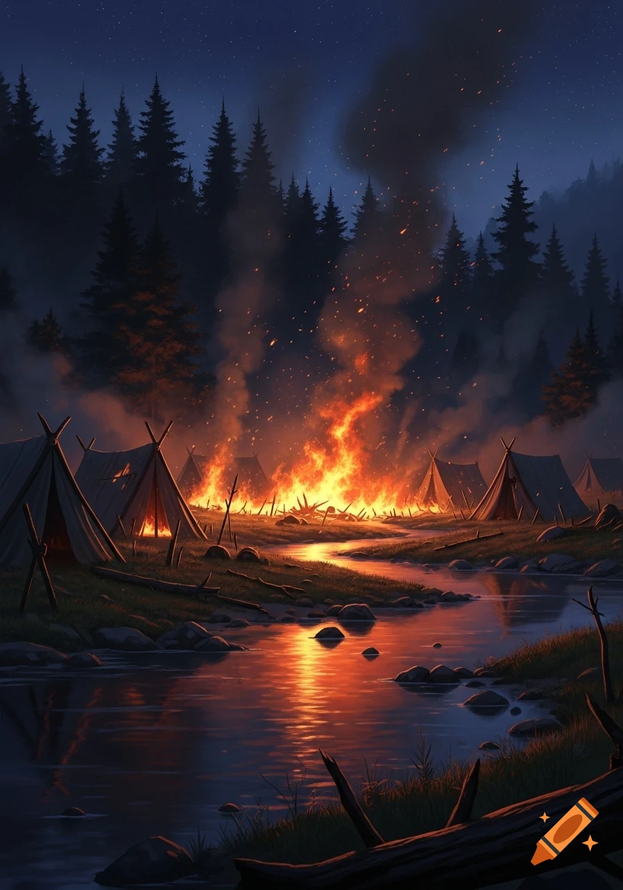 A fantasy scene of a burning camp with tents by a river at night, fire reflecting in the water and smoke rising into a starry sky.