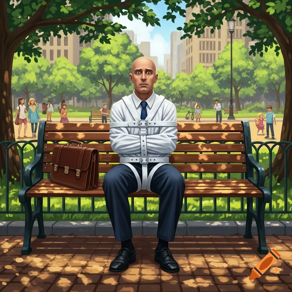 Bald man in a straitjacket sits on a park bench next to a briefcase, with people and city buildings in the background, illustration.