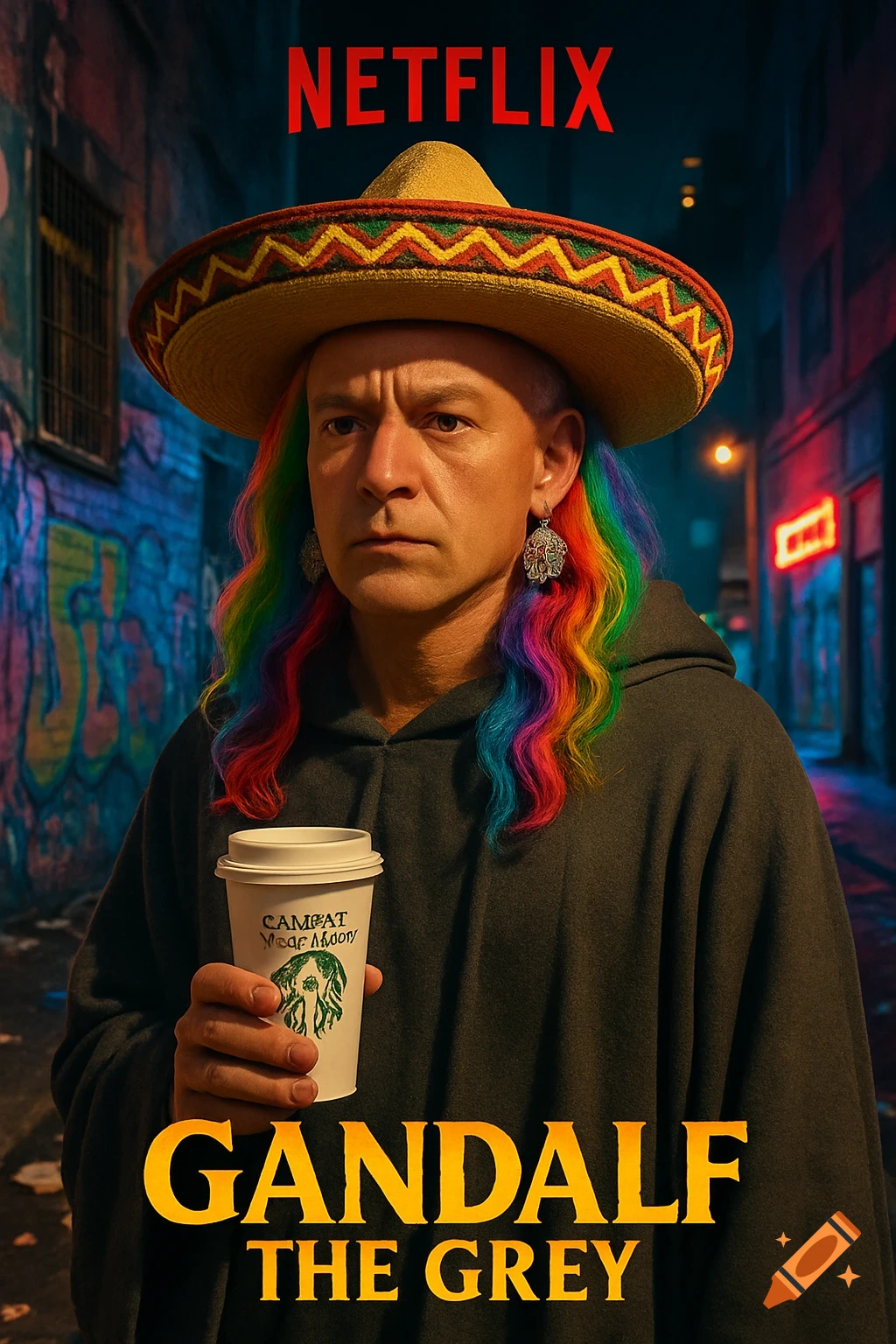 A movie poster for 'Gandalf The Grey' showing a serious man with a sombrero, rainbow hair, earrings, and a nose ring, holding a coffee cup, standing in a dark, graffiti-covered alley.