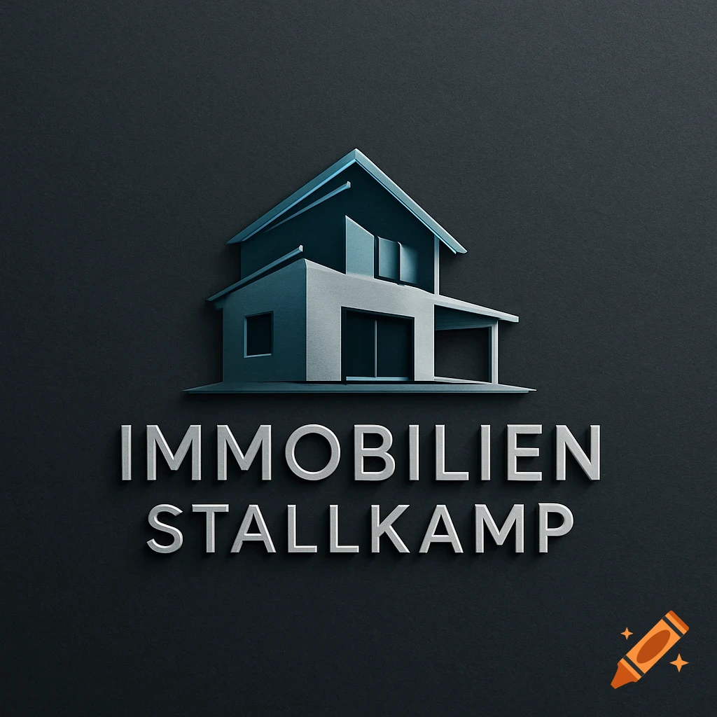 Logo for Immobilien Stallkamp featuring a modern, stylized house icon in blue and gray 3D relief on a dark background.