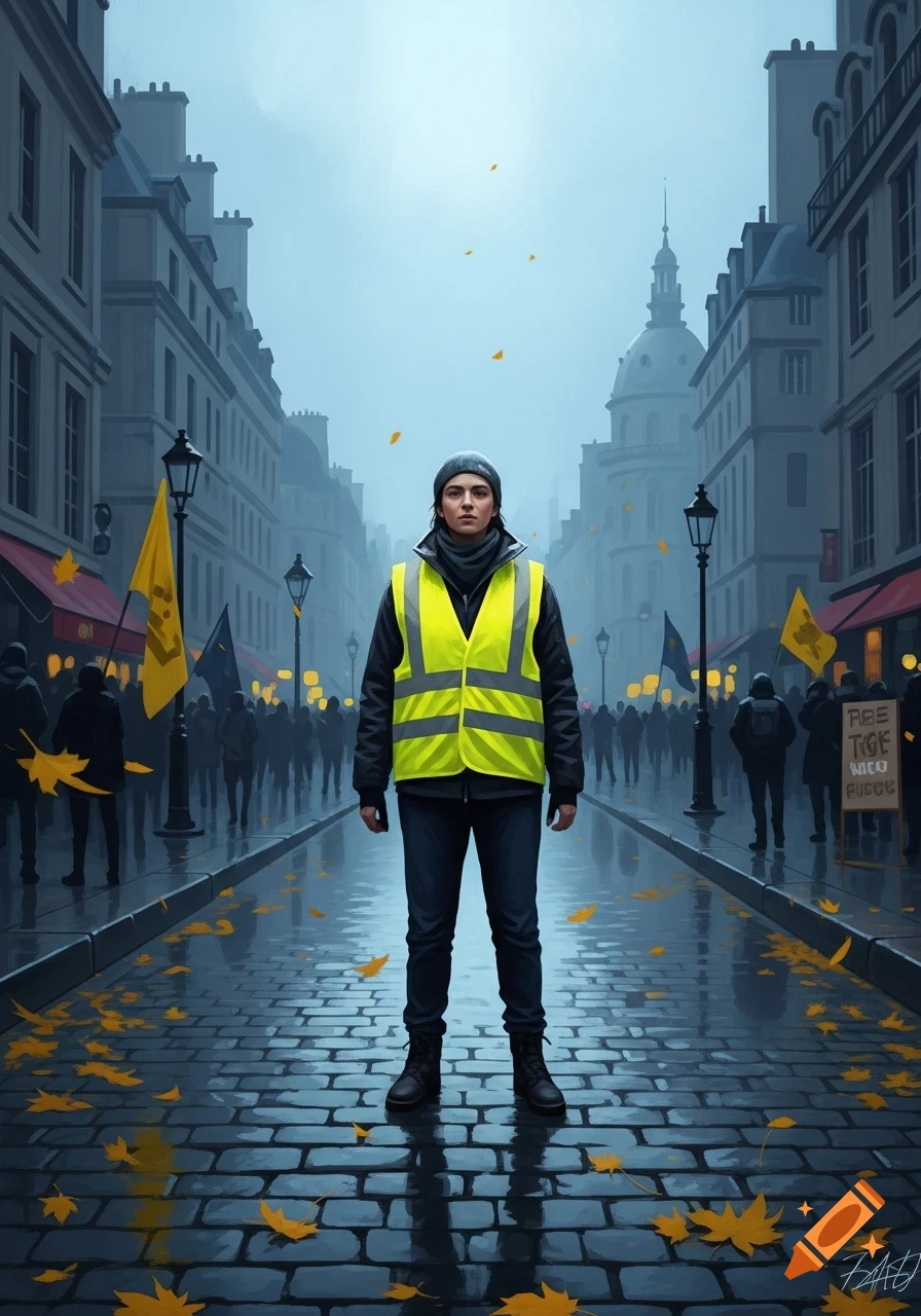 A person in a yellow reflective vest stands on a wet cobblestone street, with blurred figures and buildings in the misty background.