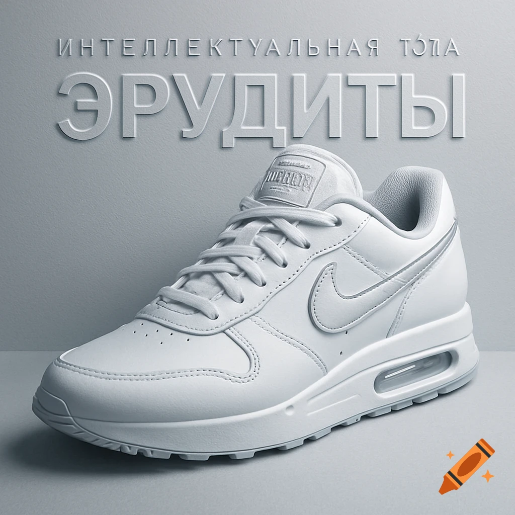 A white sneaker with embossed Russian text 'ИНТЕЛЛЕКТУАЛЬНАЯ ТОЛПА ЭРУДИТЫ' above it, on a light gray background.