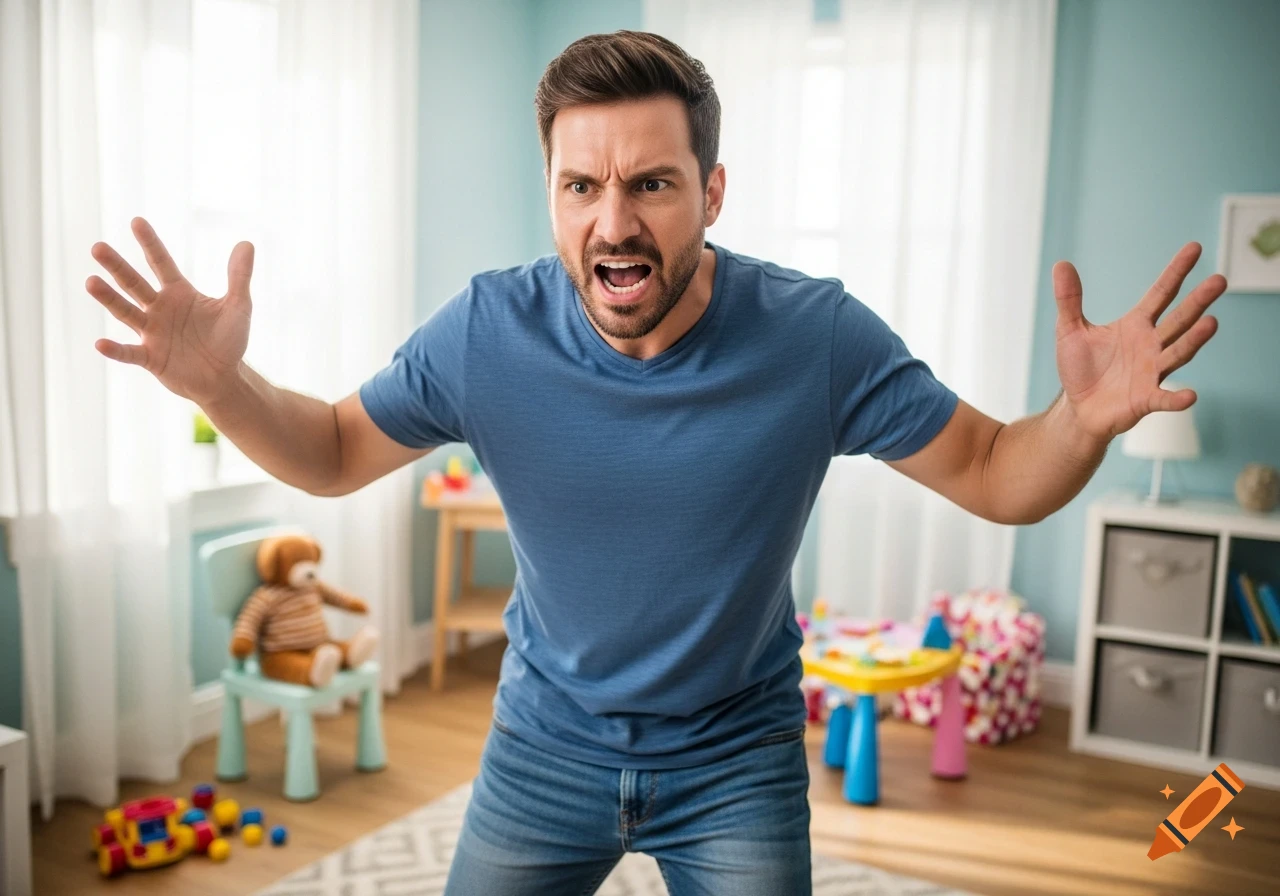 An angry man yelling with hands raised in a child's playroom.