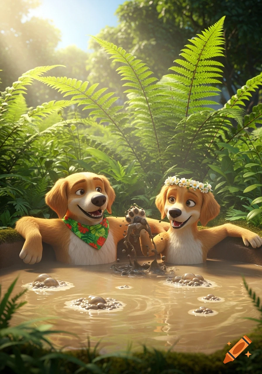 Two happy cartoon retriever dogs in a mud hot tub in a lush jungle, one with a bandana, the other with a flower crown.