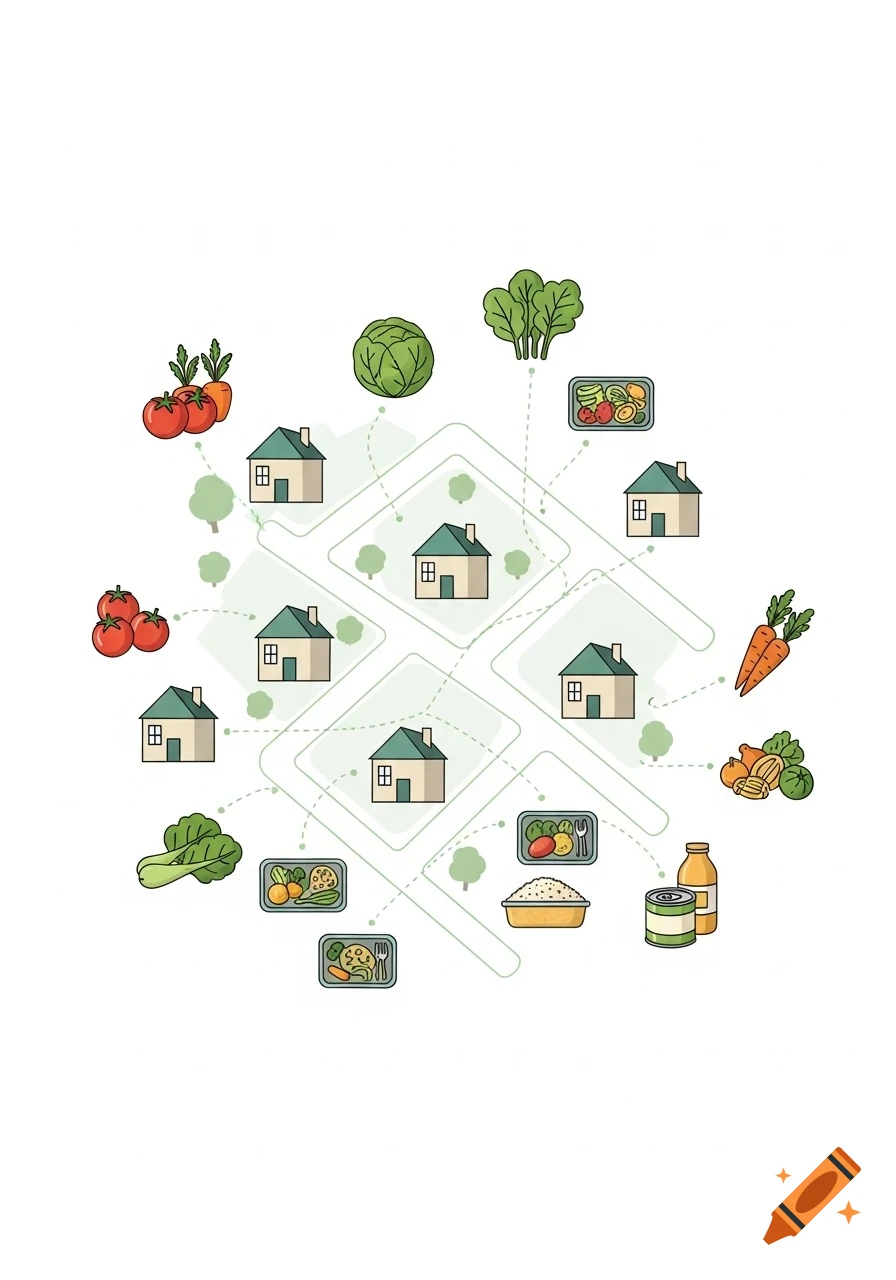 Vector illustration of a neighborhood map with houses, connecting lines, and icons of fresh food, packed meals, and groceries.
