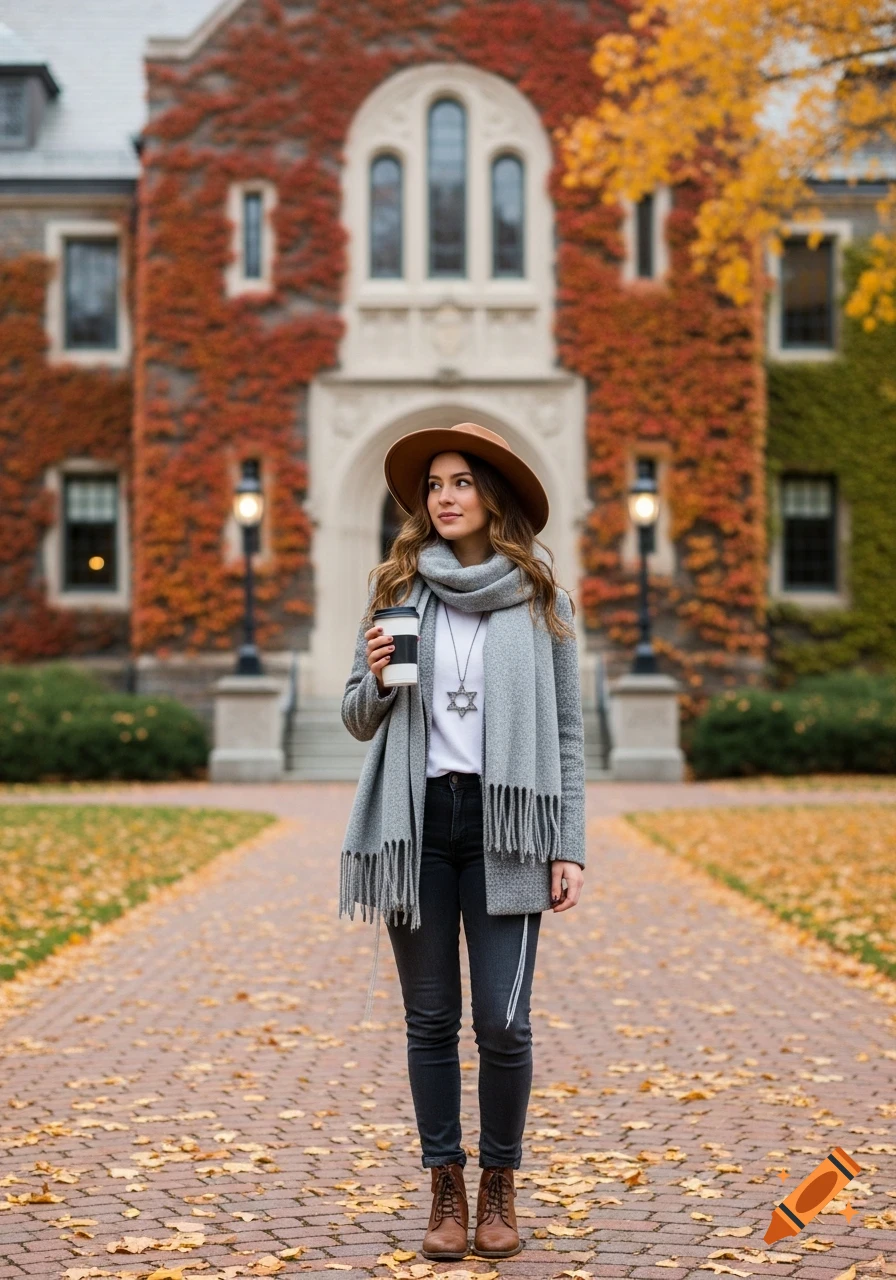 A young woman in fall fashion, wearing a hat and scarf, holds a coffee cup on a brick path with fallen leaves in front of an ivy-covered building.