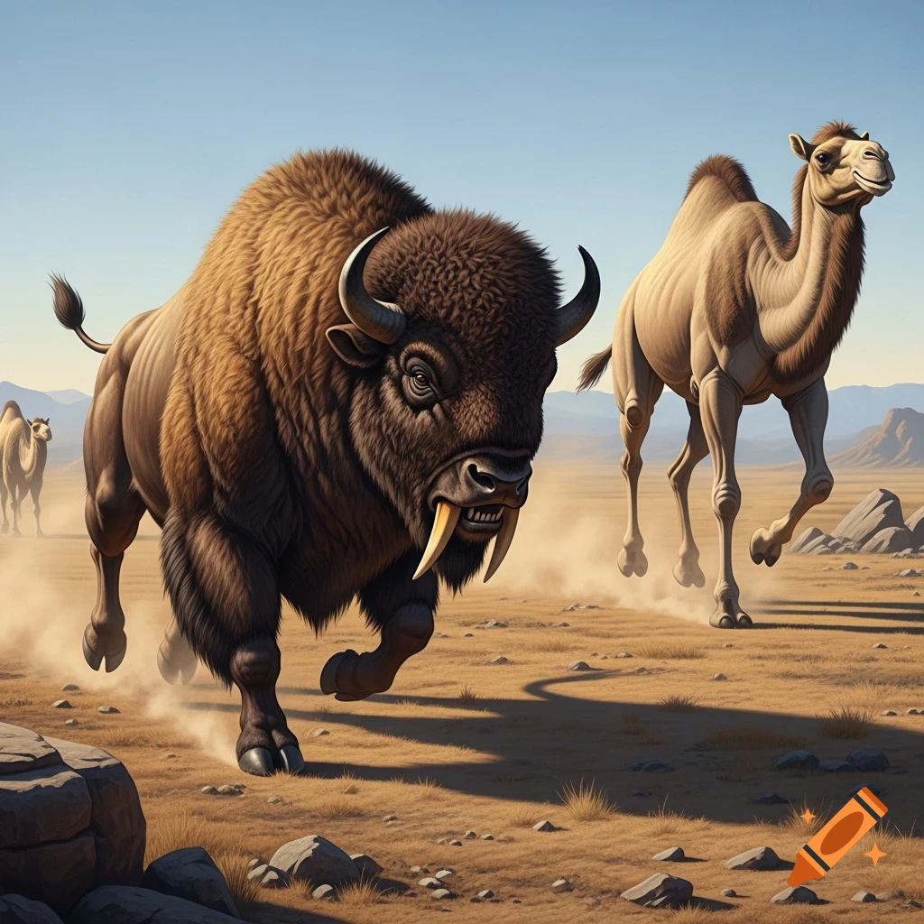 A prehistoric sabretooth bison with large tusks chases a prehistoric mega camel through a dusty desert landscape under a clear sky.