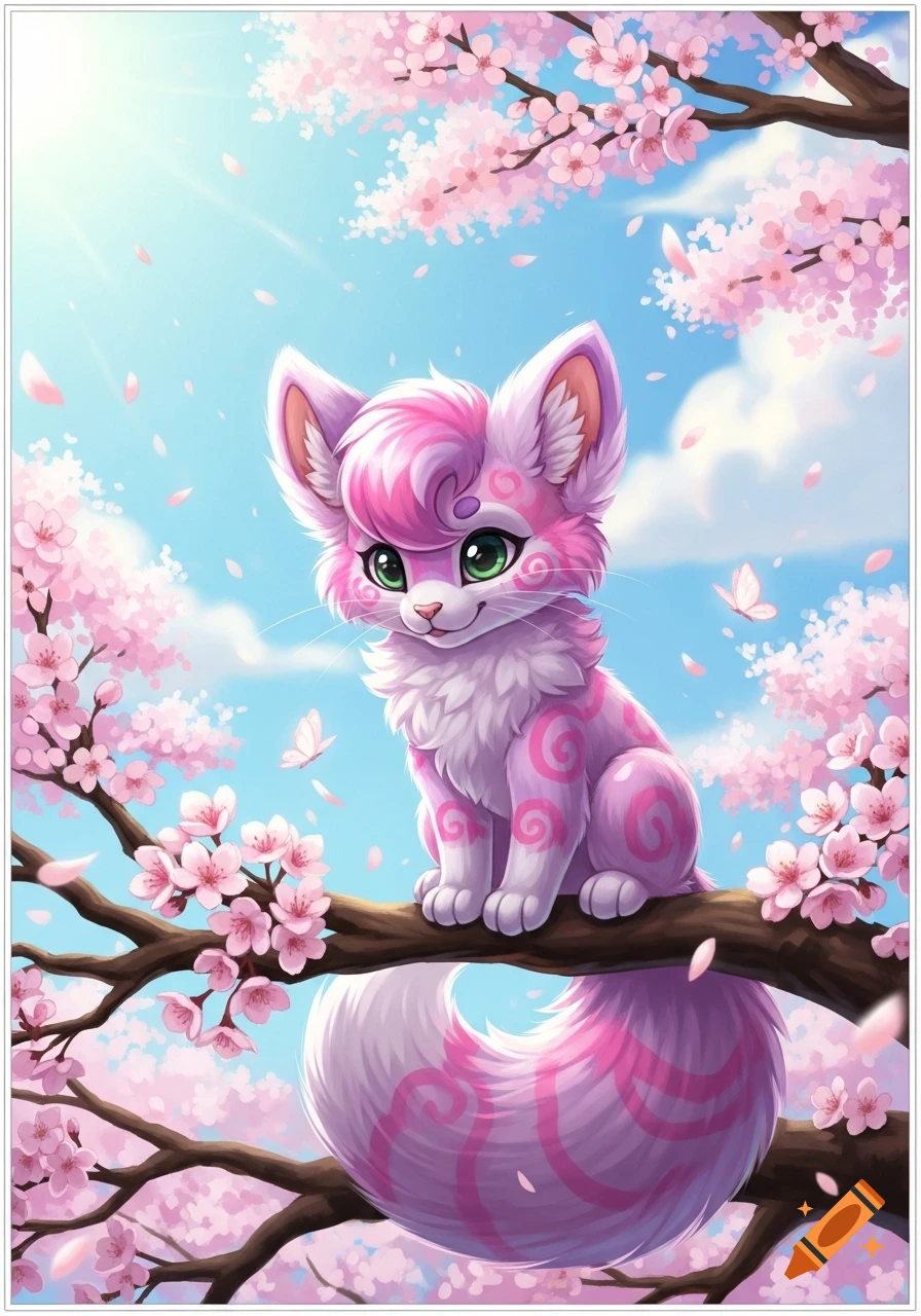 A cute pink cartoon fox-like creature with green eyes sits on a cherry blossom tree branch under a sunny blue sky.