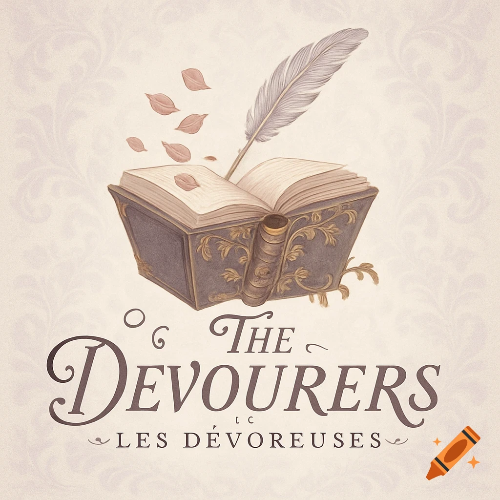 A vintage-style logo featuring an open book, a quill, falling leaves, and the text "THE DEVOURERS" and "LES DÉVOREUSES".