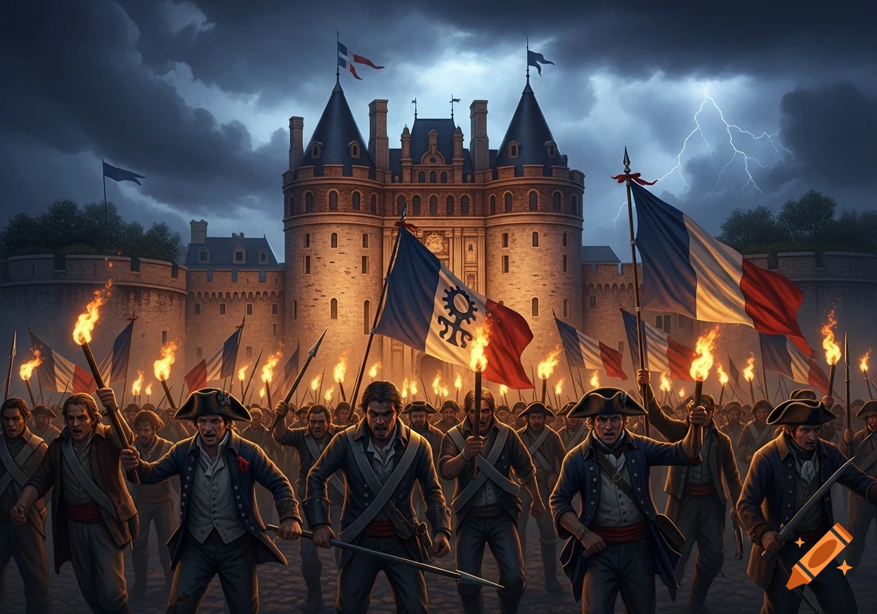 An angry mob with torches and French flags charges towards a large stone fortress under a stormy, lightning-filled sky.