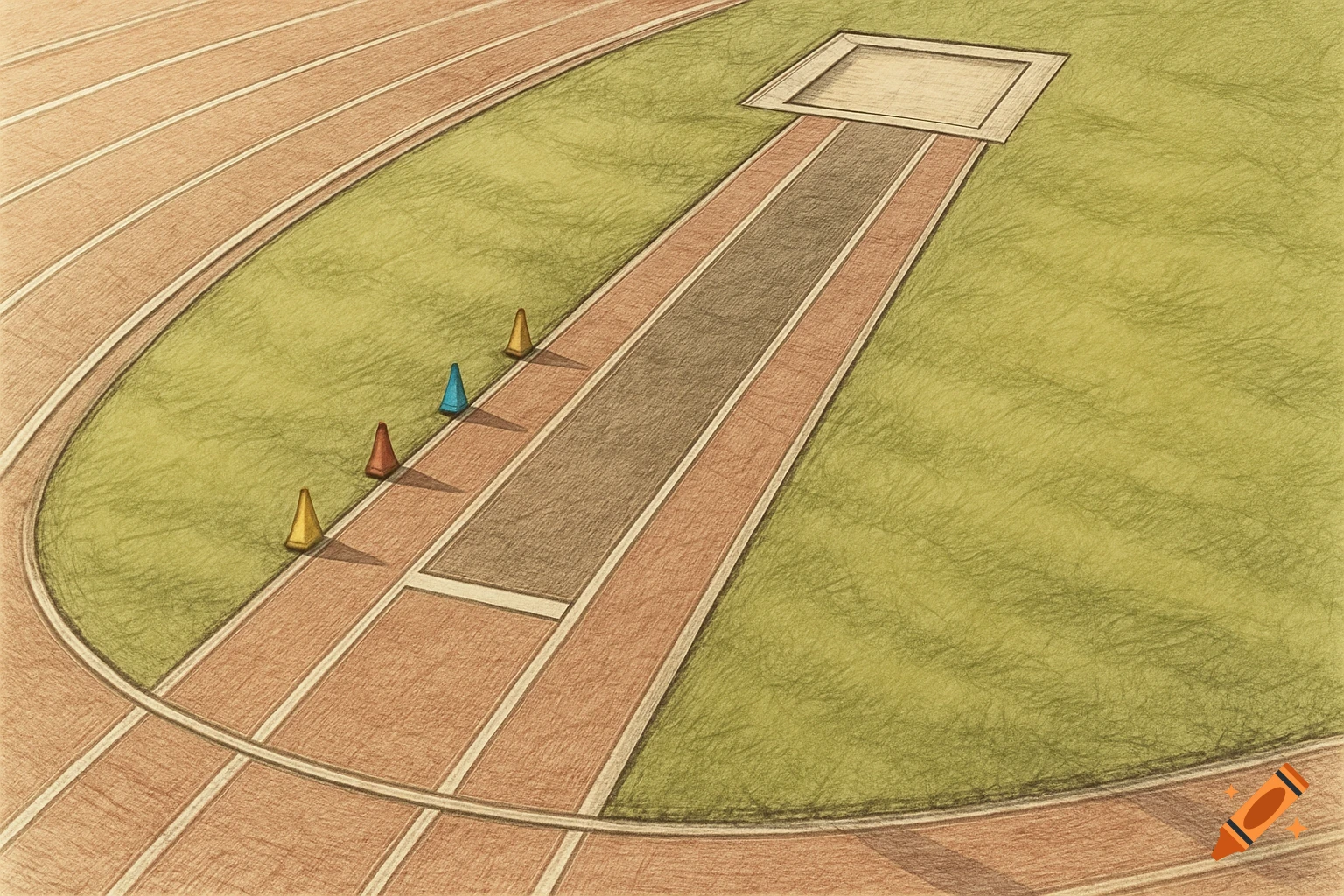 Aerial colored pencil drawing of a long jump track and running track with colorful cones leading to a sandpit.