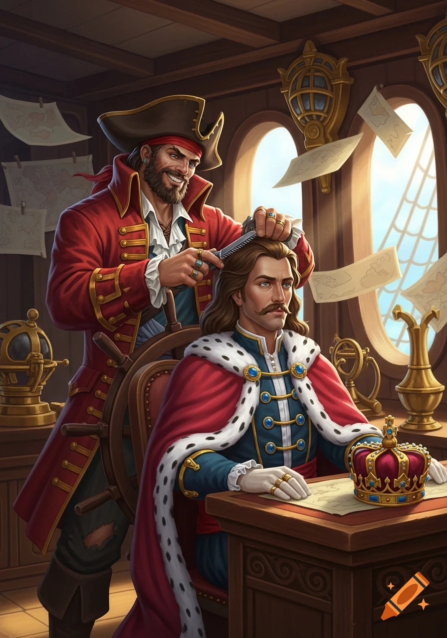 A smiling pirate trims the long hair of a regal king wearing a blue and red ermine robe and a crown inside a ship's cabin.